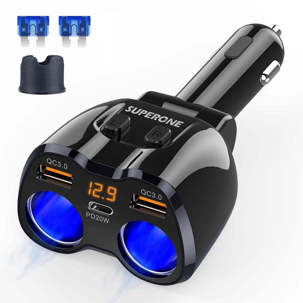 SUPERONE 180W dual-socket splitter front view powers two devices safely on the road.