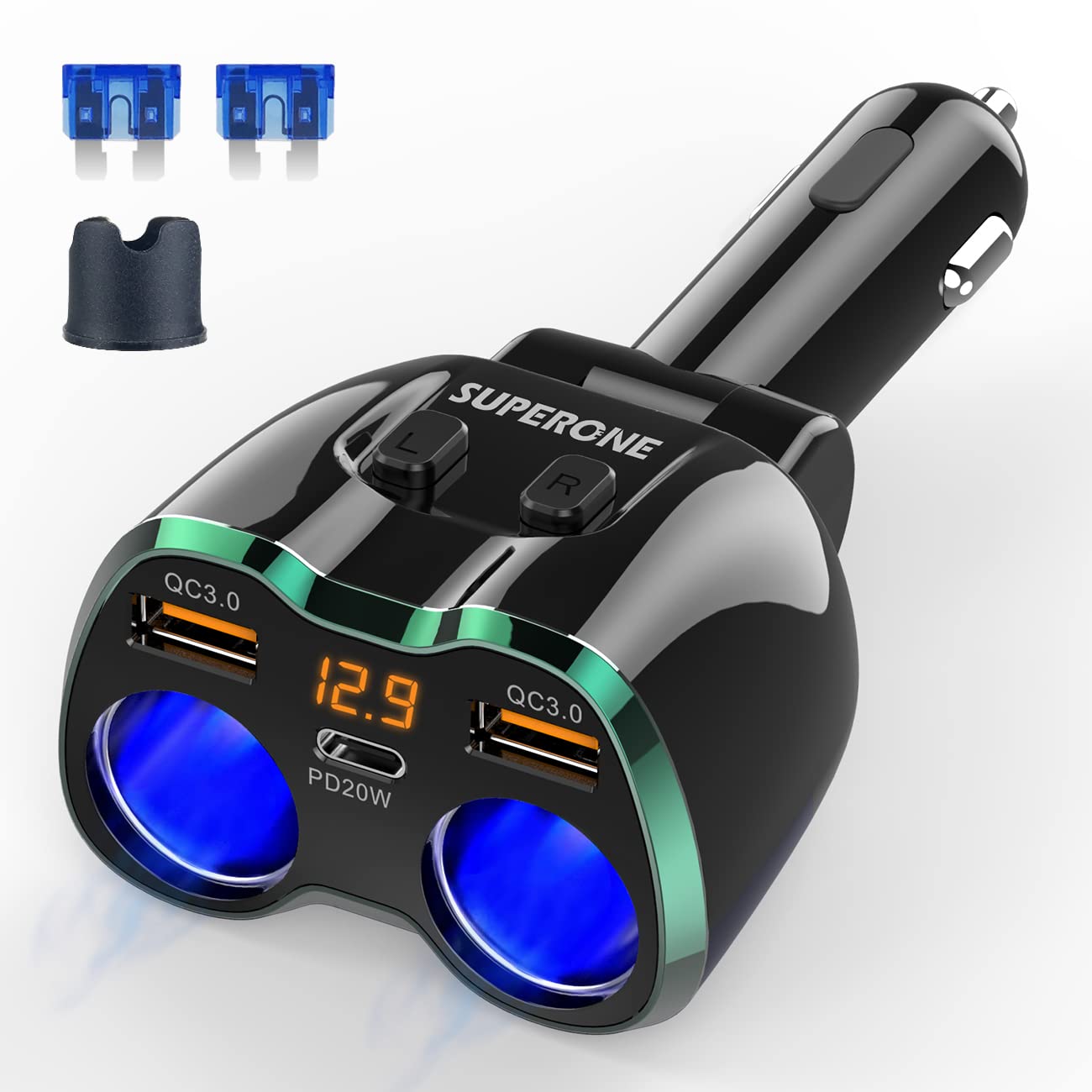 SUPERONE 180W dual-socket splitter powering two devices, ideal for dash cam and GPS.