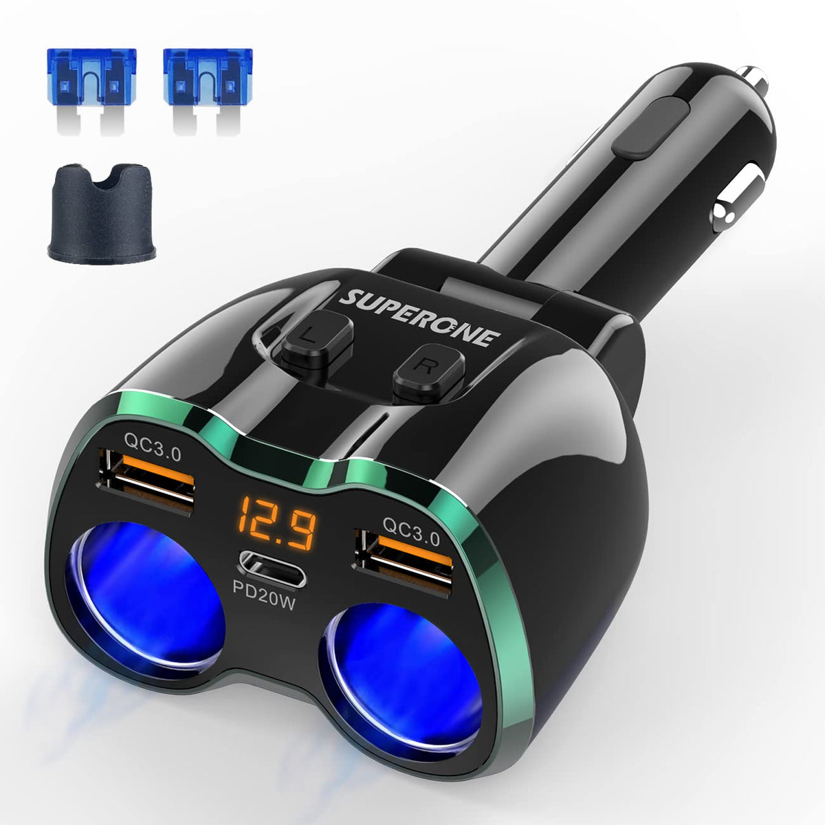 SUPERONE 180W dual-socket splitter powering two devices, ideal for dash cam and GPS.
