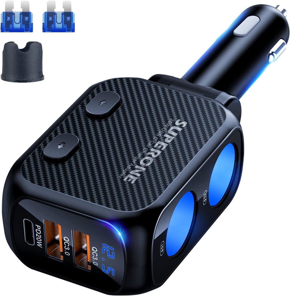 SUPERONE 180W splitter front view showing dual sockets for convenient car charging.