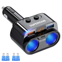 SUPERONE 200W dual-socket splitter with independent switches for two devices.