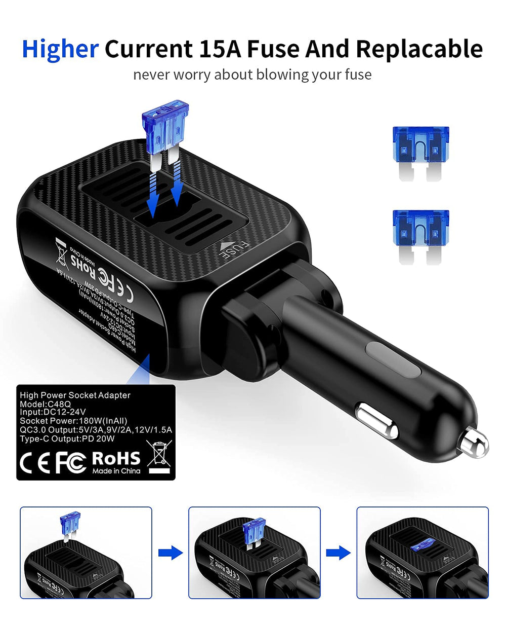 QC3.0 fast-charging ports provide rapid power for multiple phones.
