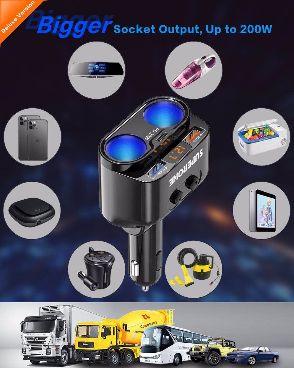 SUPERONE QC3.0 USB port enables rapid charging for compatible devices.
