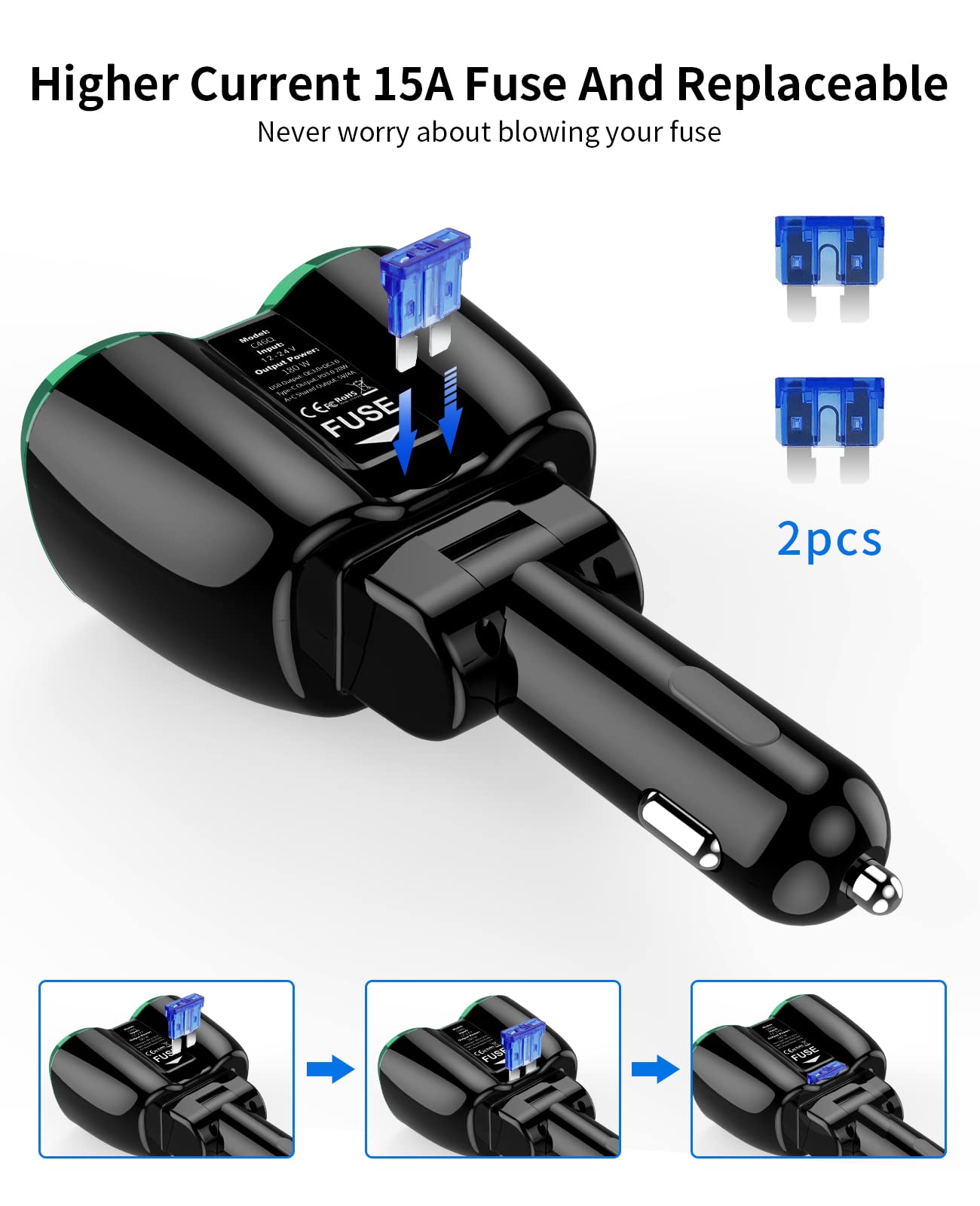 SUPERONE replaceable 15A fuse provides easy protection and quick resets.