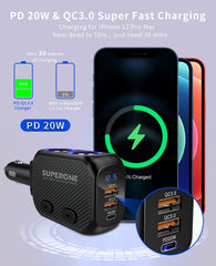 SUPERONE side-socket design frees dashboard space while powering two devices.