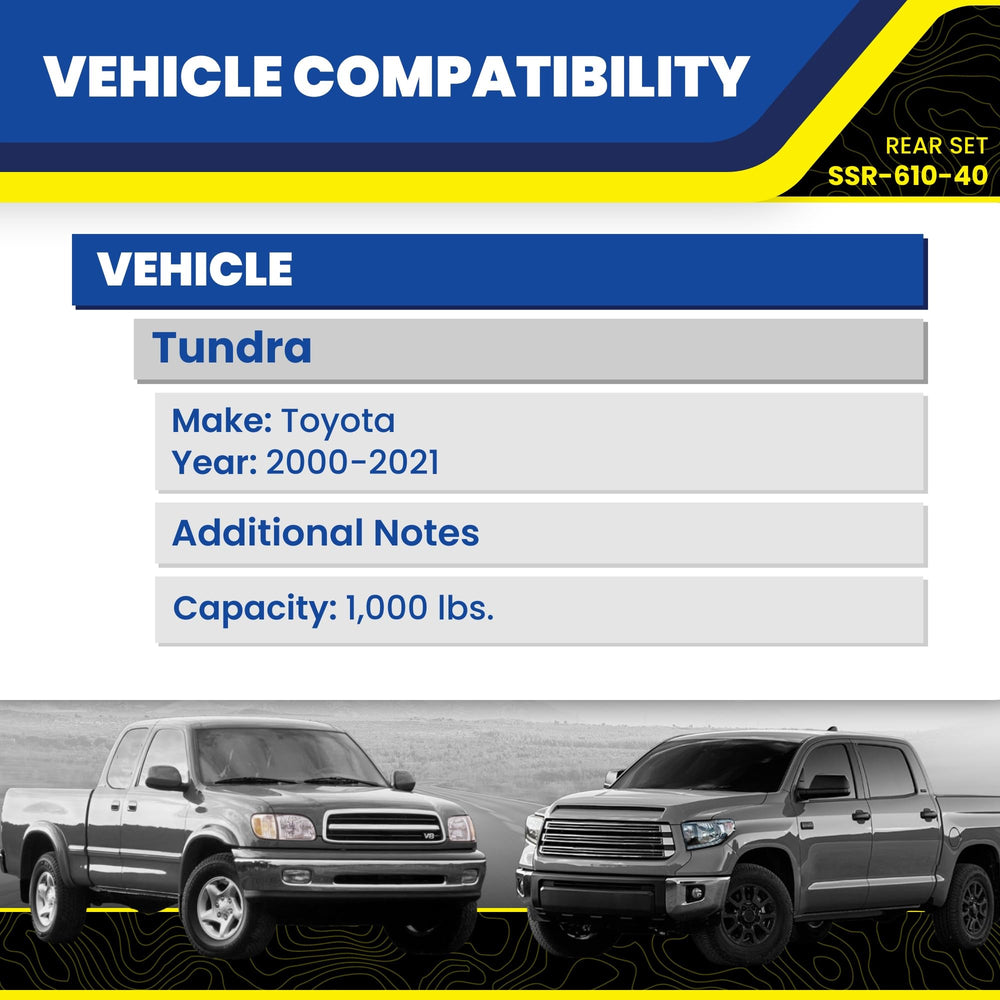 SuperSprings fit a 2000-2021 Tundra, offering reliable compatibility.