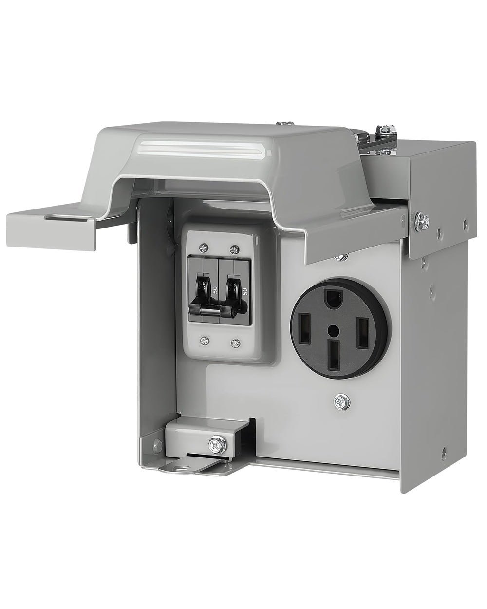 Suraielec 50A RV outlet box front view highlighting outdoor capability