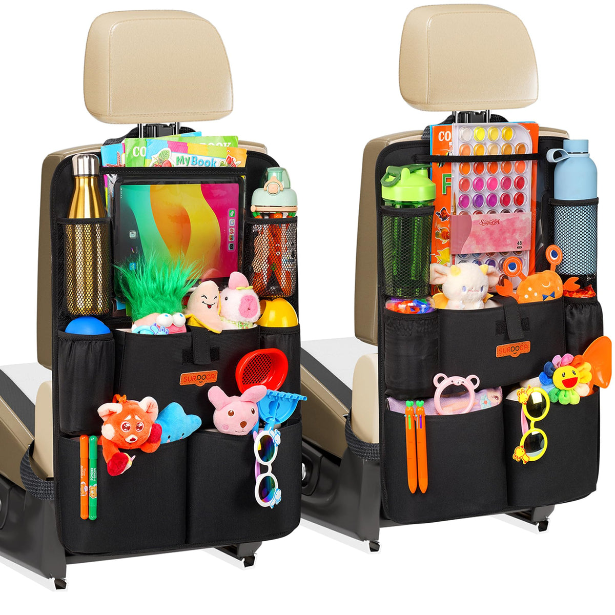 SURDOCA car seat organizer with 8 pockets keeps backseat essentials organized.