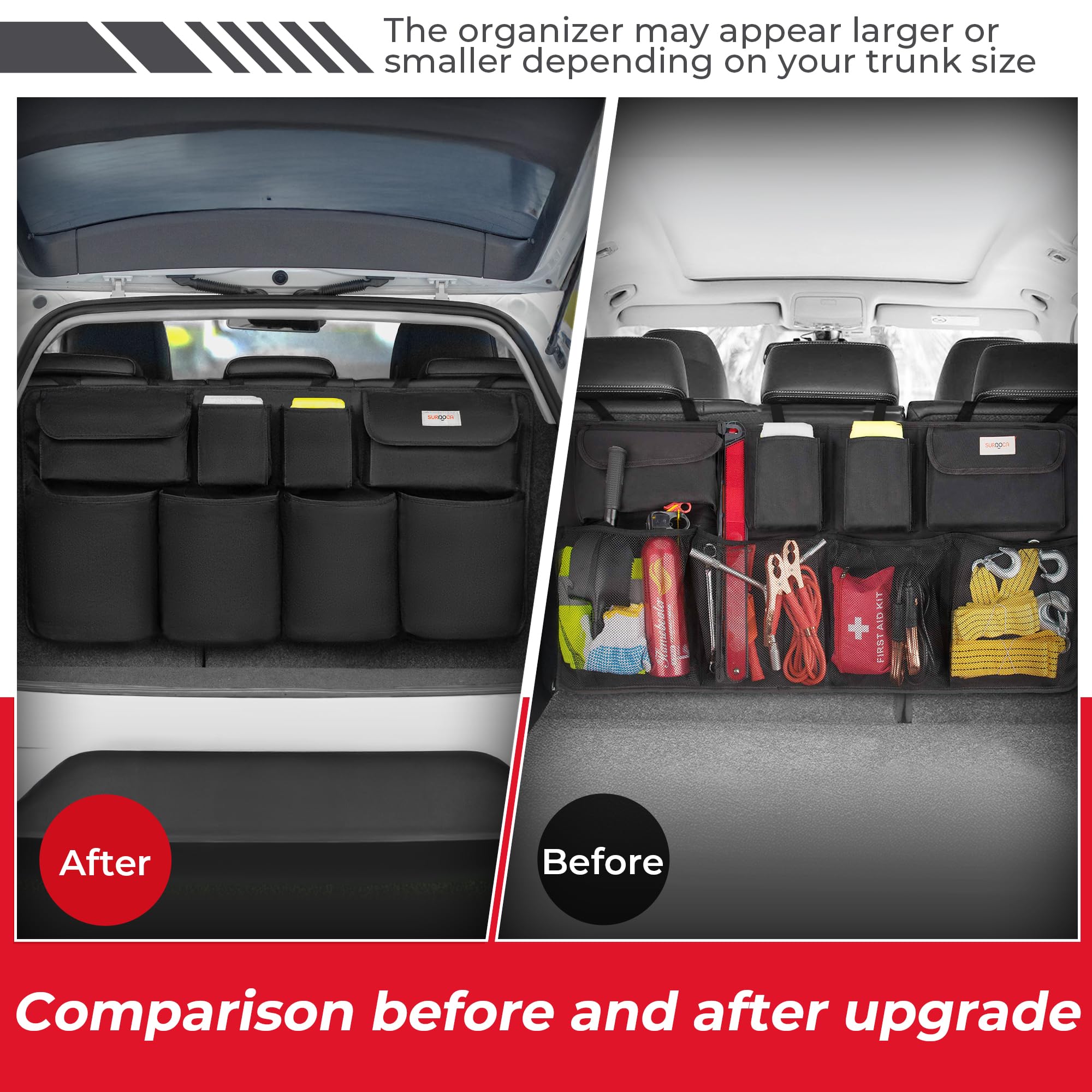 SURDOCA trunk organizer installed under car seat with non-slip strips.