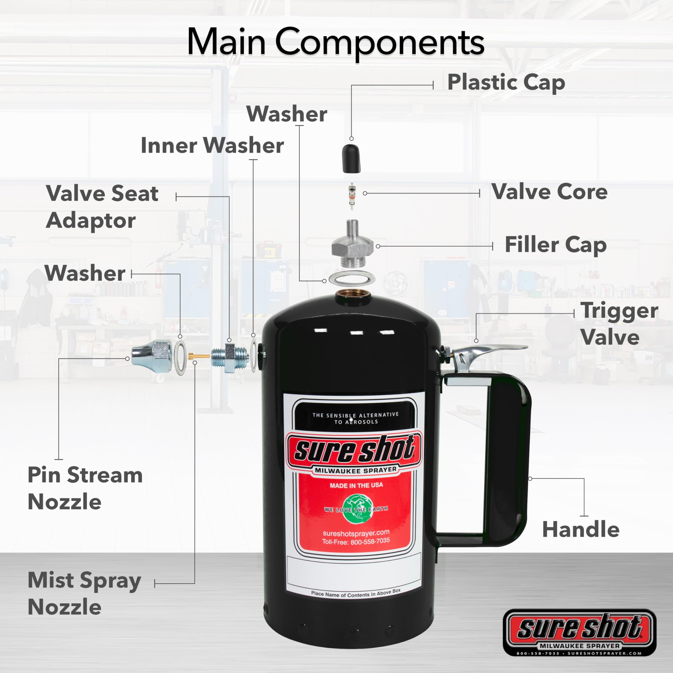 Sure Shot A1000B adjustable nozzle enabling fine to wide spray.