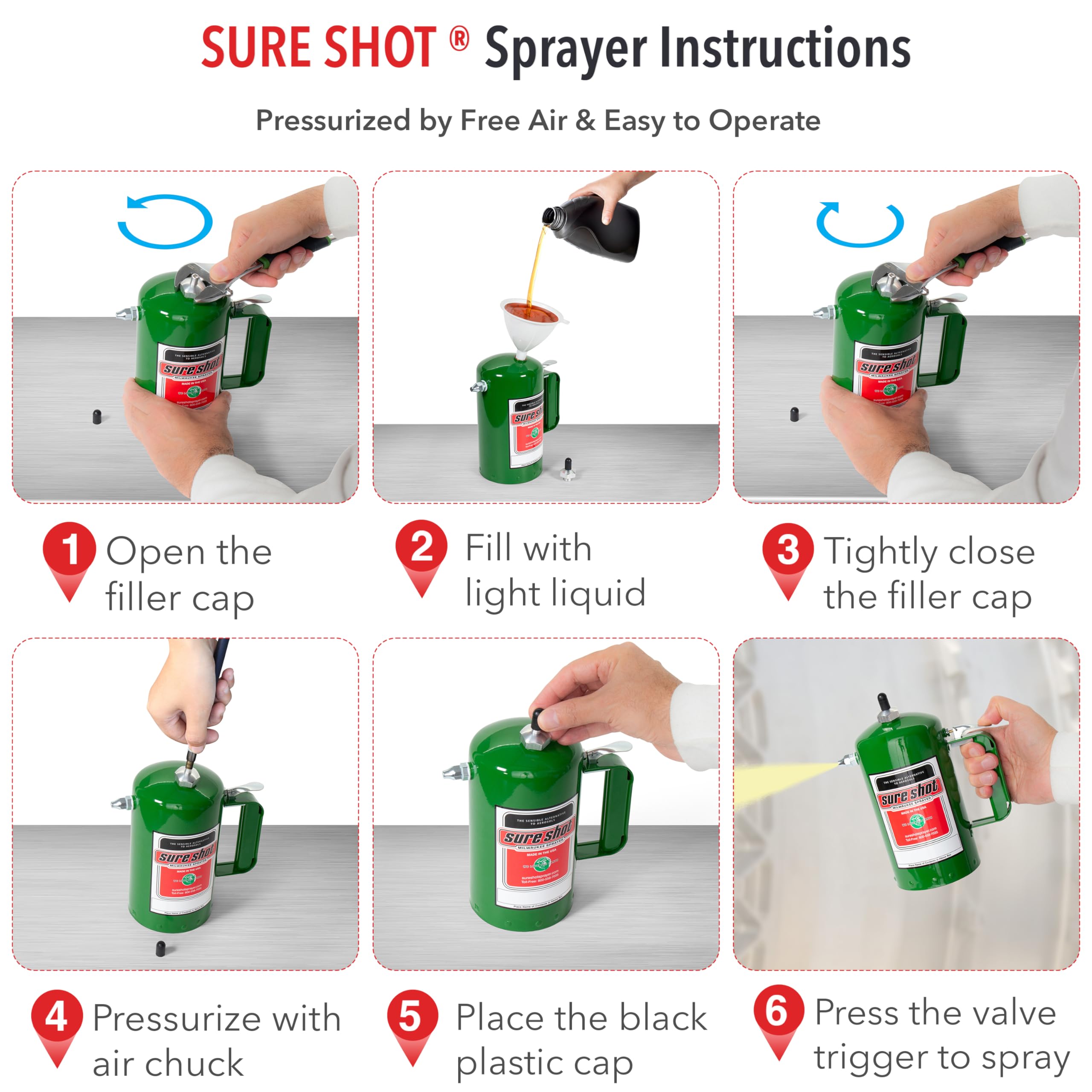 Sure Shot A1000G chemical-resistant valve core and Teflon cap ensure reliability.