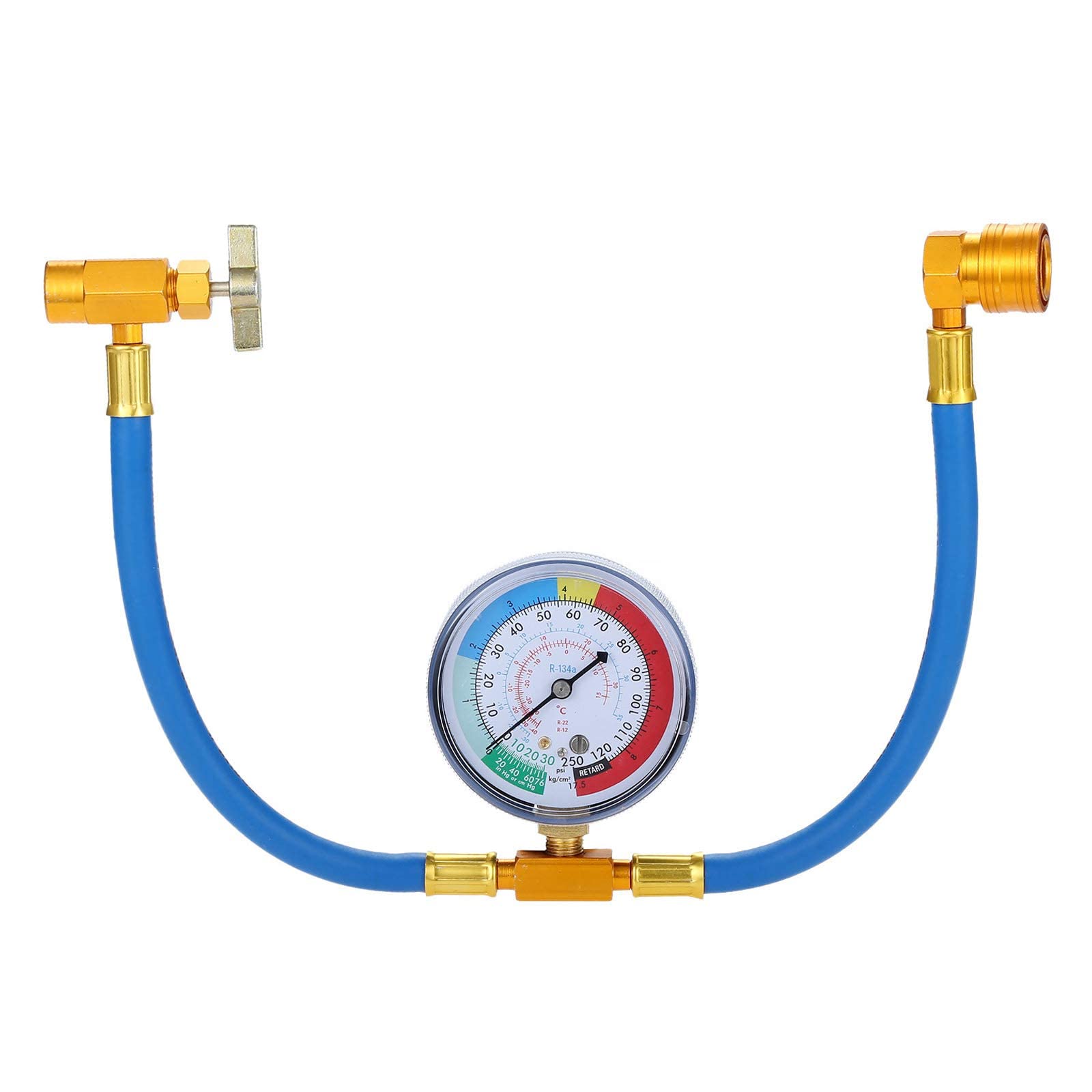 Surieen AC charge hose with gauge for controlled refrigerant charging.