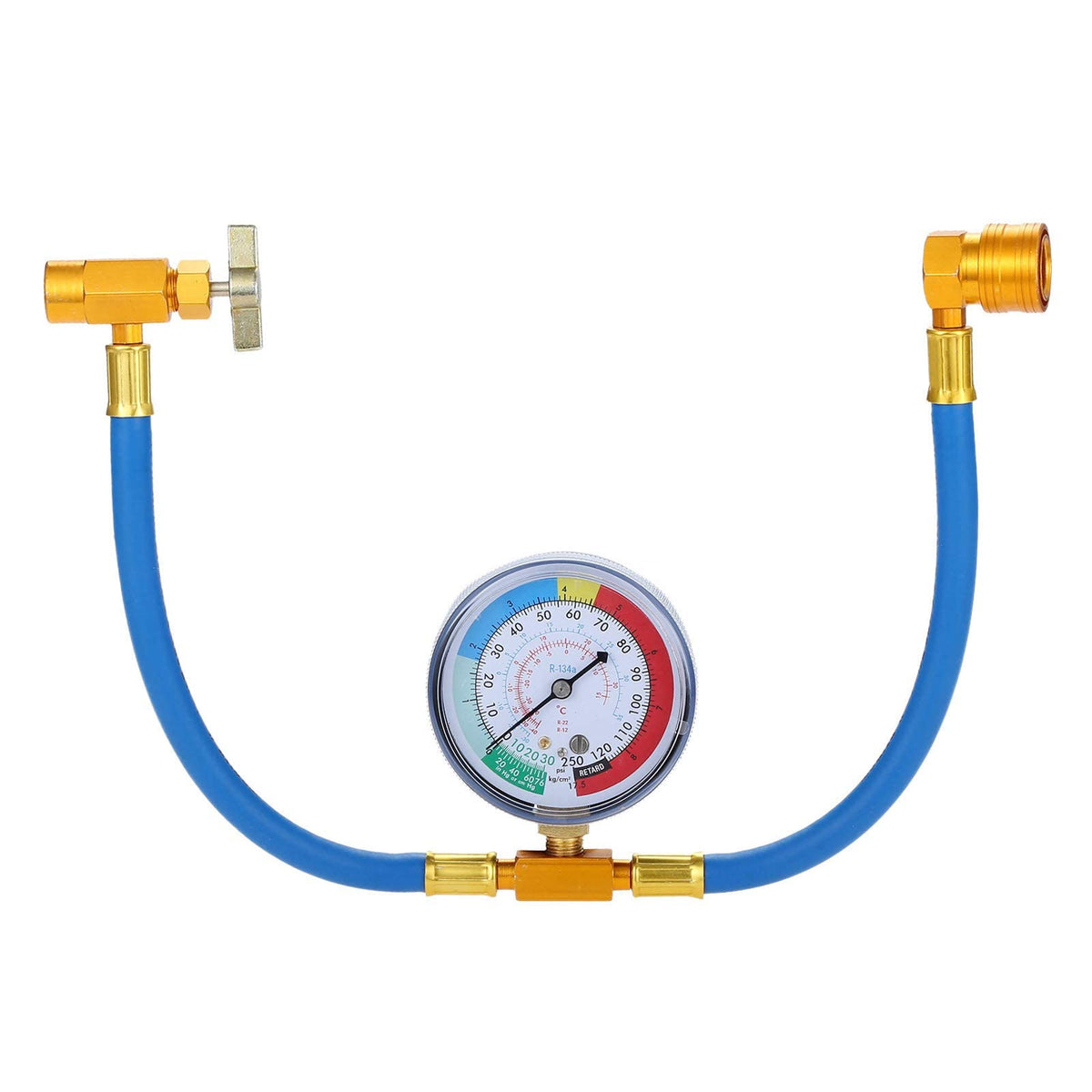 Surieen AC charge hose with gauge for controlled refrigerant charging.