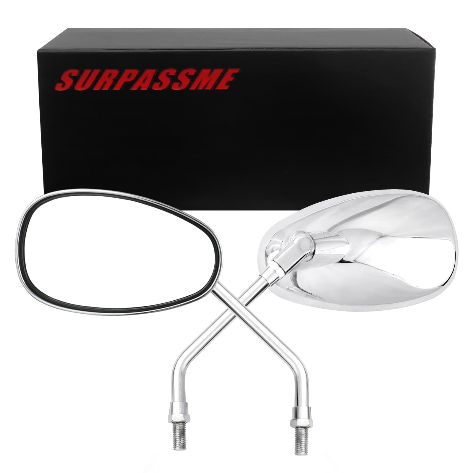 Surpassme universal 10mm chrome mirror packaging shows left-right pair included.