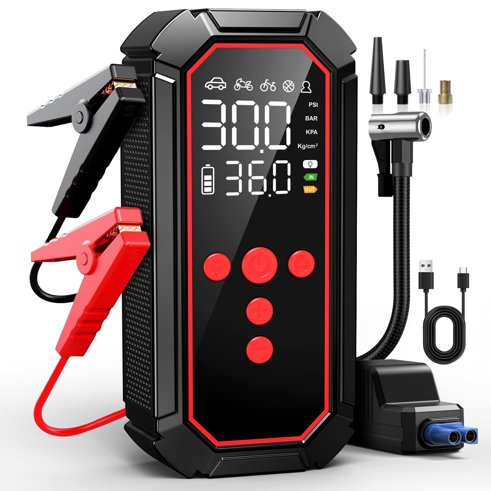 Surputs Jump Starter with Air Compressor shows compact all-in-one roadside design.