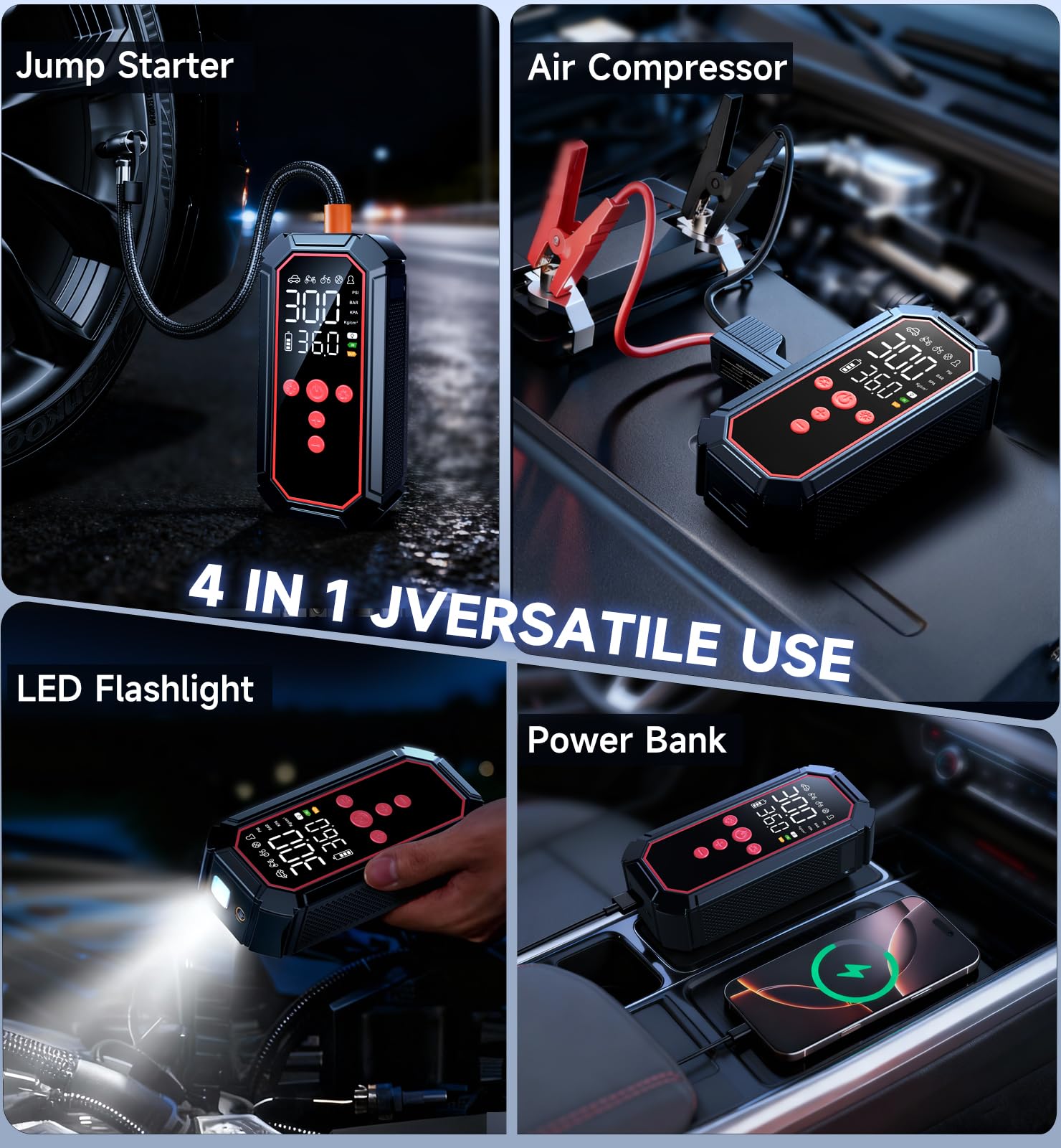 Surputs tire inflator with digital gauge enables precise pressure checks.
