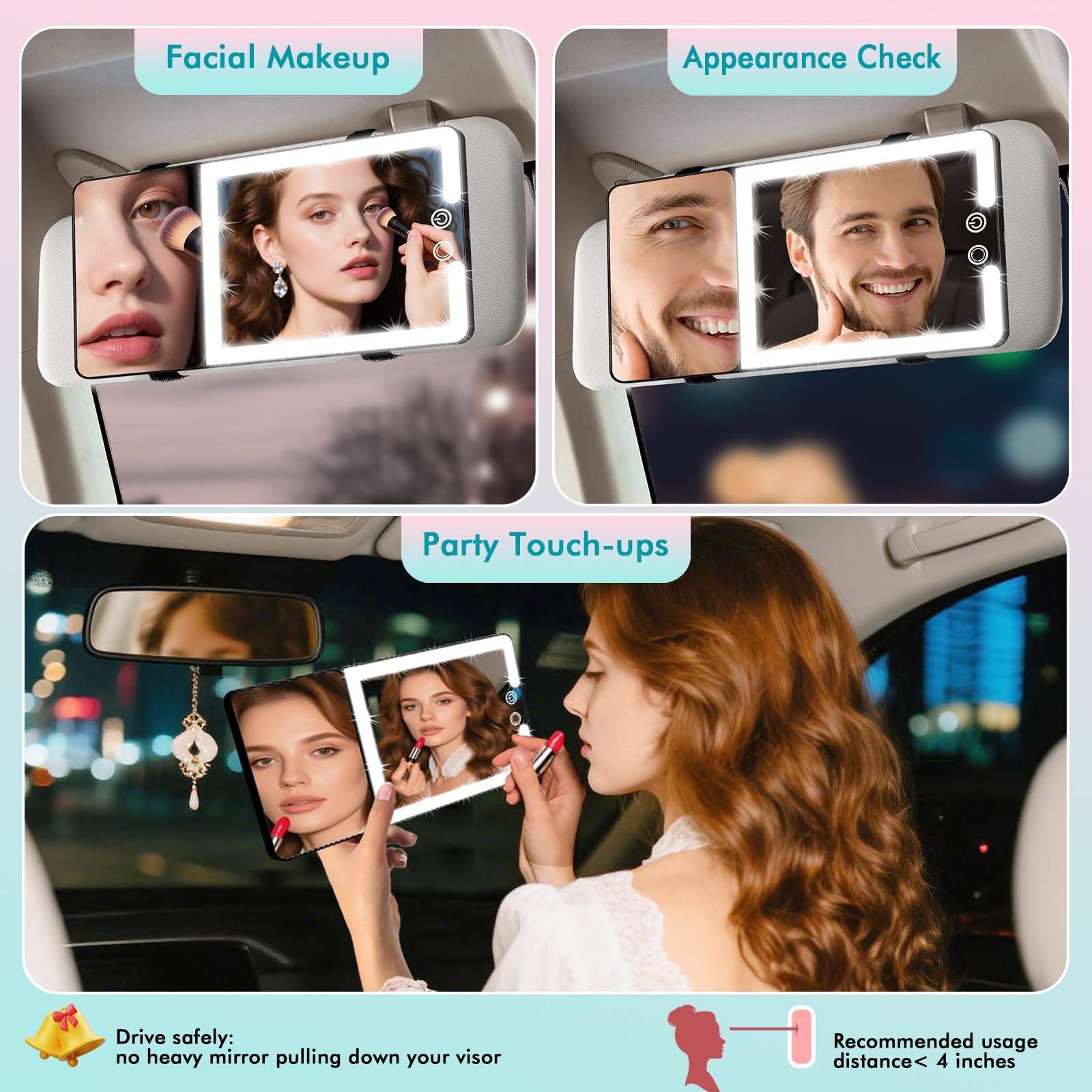 Three-color dimmable lighting on Suupvaor car mirror for different environments.
