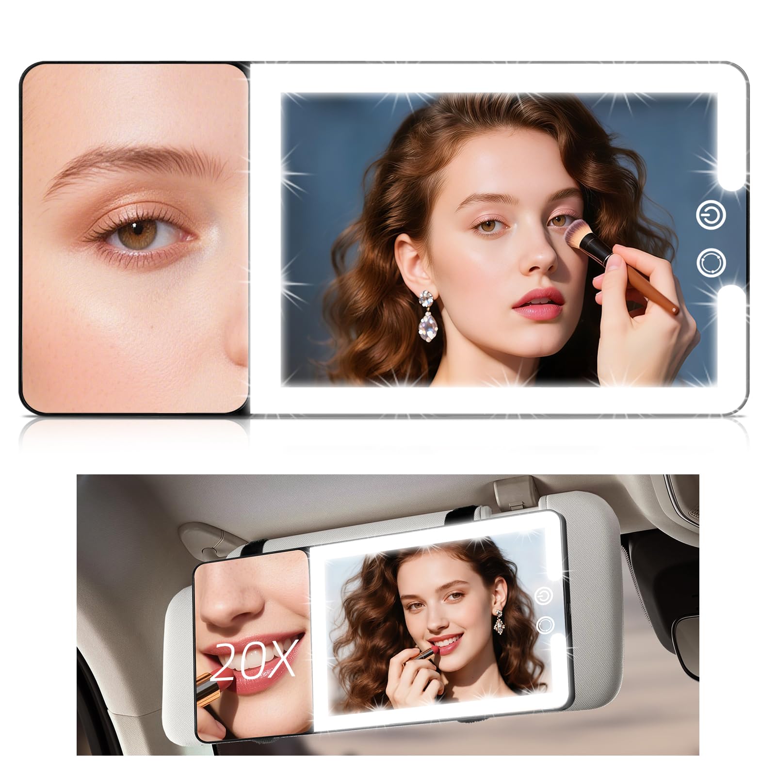 Suupvaor Car Sun Visor Vanity Mirror – 20x Magnification, LED Lights, USB Rechargeable