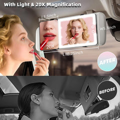 LED lighted car visor mirror with adjustable brightness for day to night use.