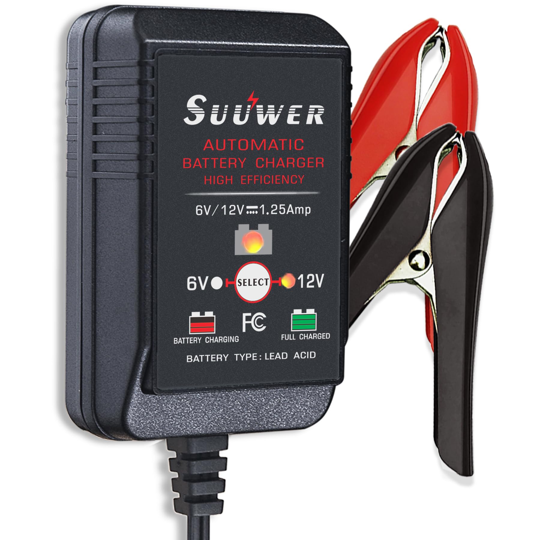 Suuwer 1.25-Amp Trickle Charger front view for versatile vehicle battery maintenance