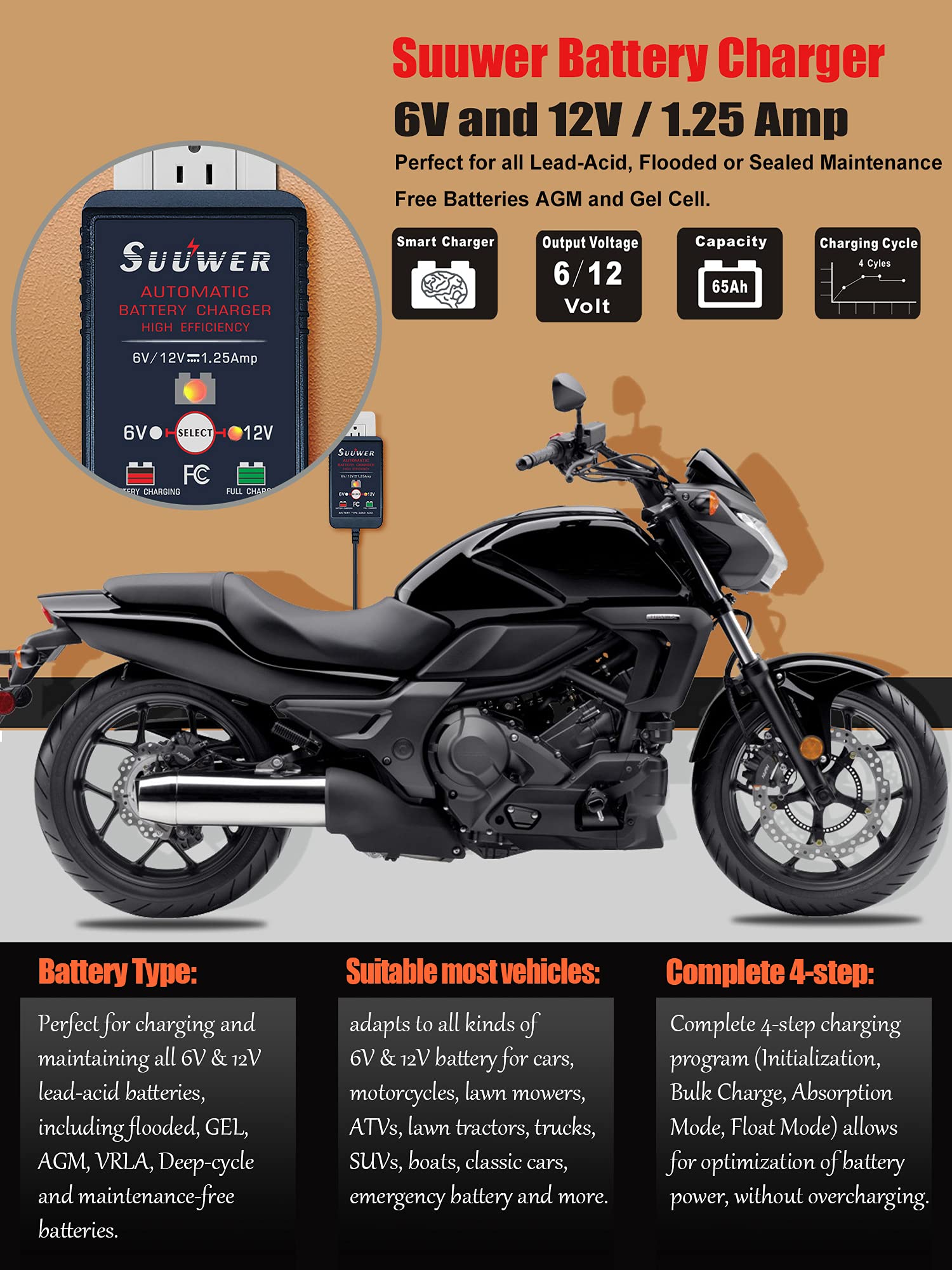 Suuwer 1.25-Amp charger LED indicators show charging status clearly