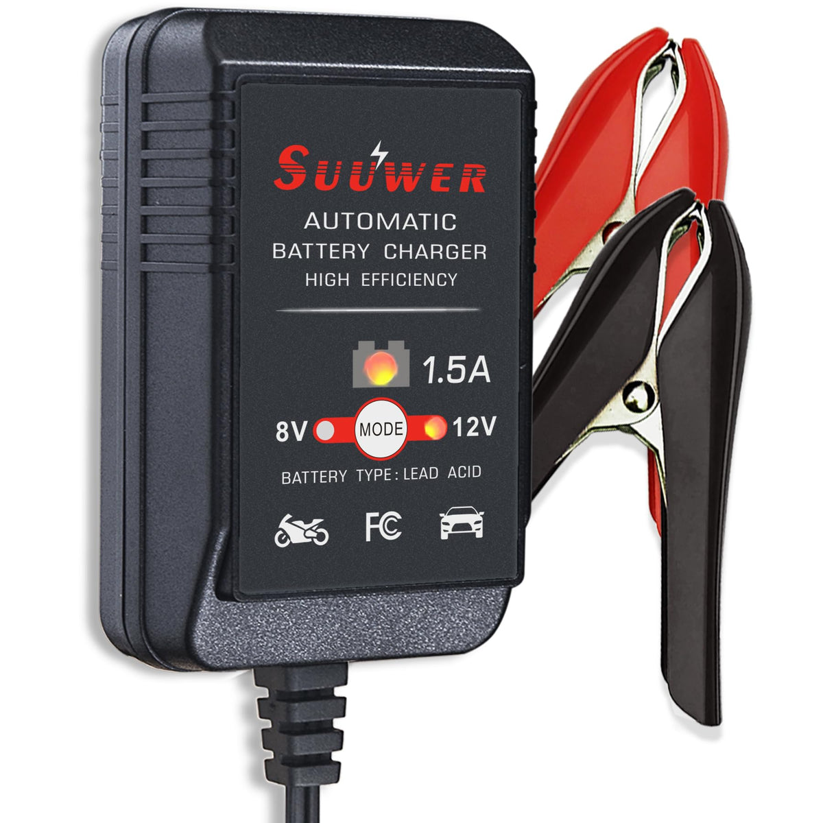 Suuwer battery charger with large clips for easy connection