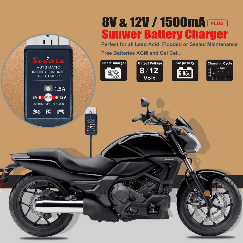Suuwer 8V/12V charger showing four-step charging cycle