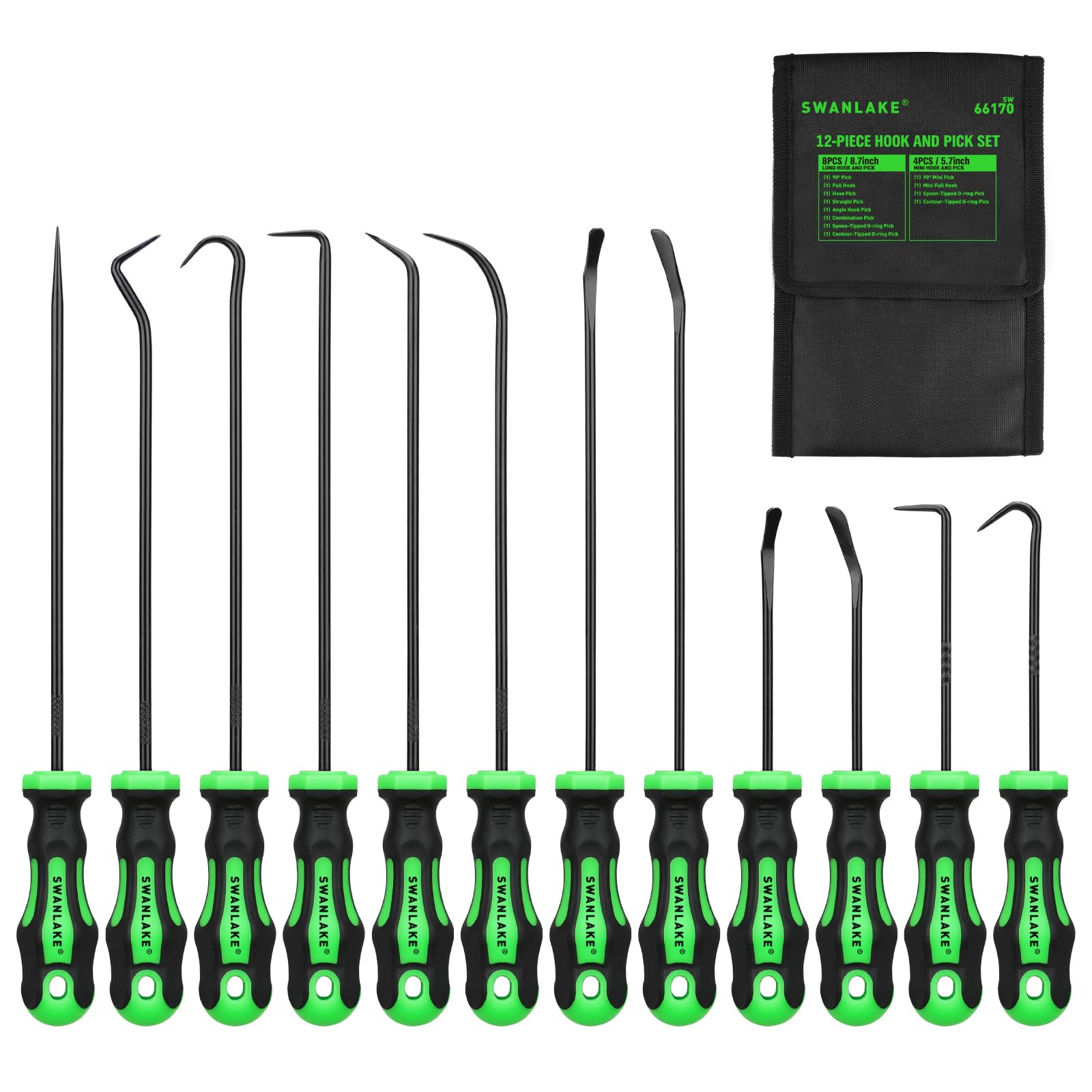 Swanlake 12-piece pick and hook set front view for oil seal removal.