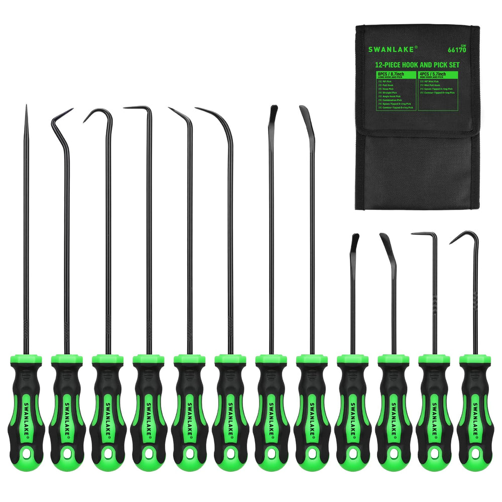 Swanlake 12-piece pick and hook set front view for oil seal removal.