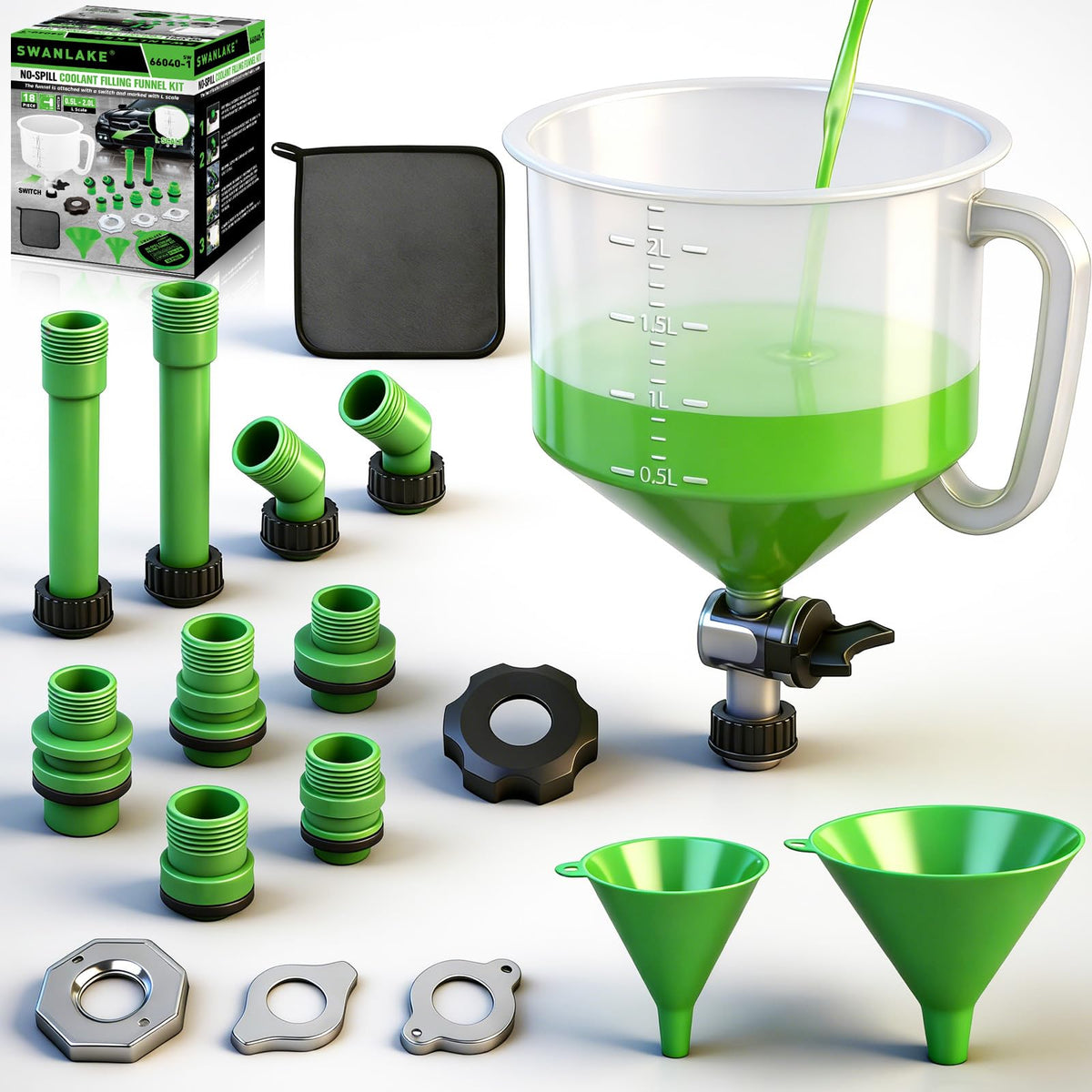 SWANLAKE GARDEN TOOLS coolant funnel kit No-Spill in action for mess-free refills.