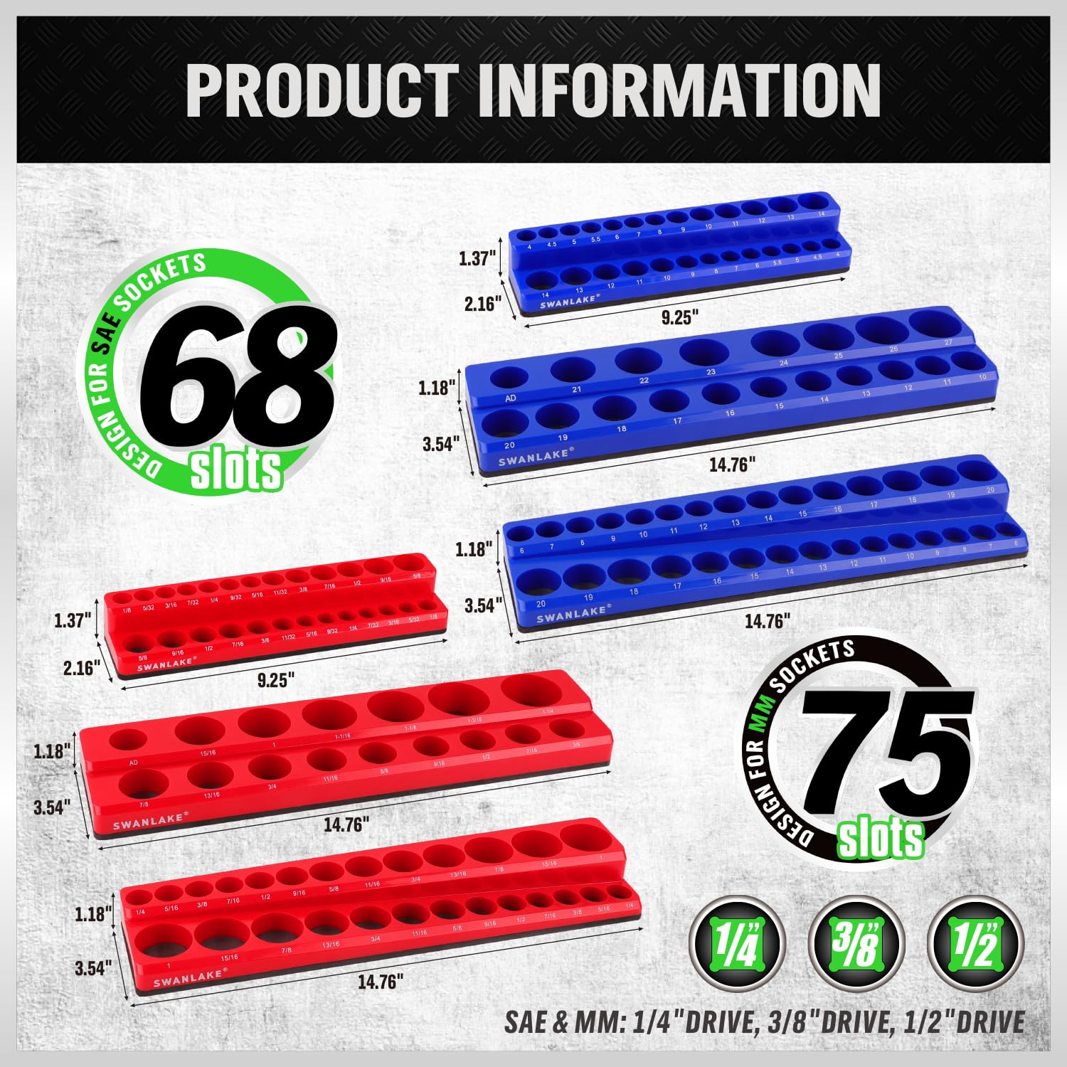 SWANLAKE half-inch socket tray keeps sizes organized and ready.