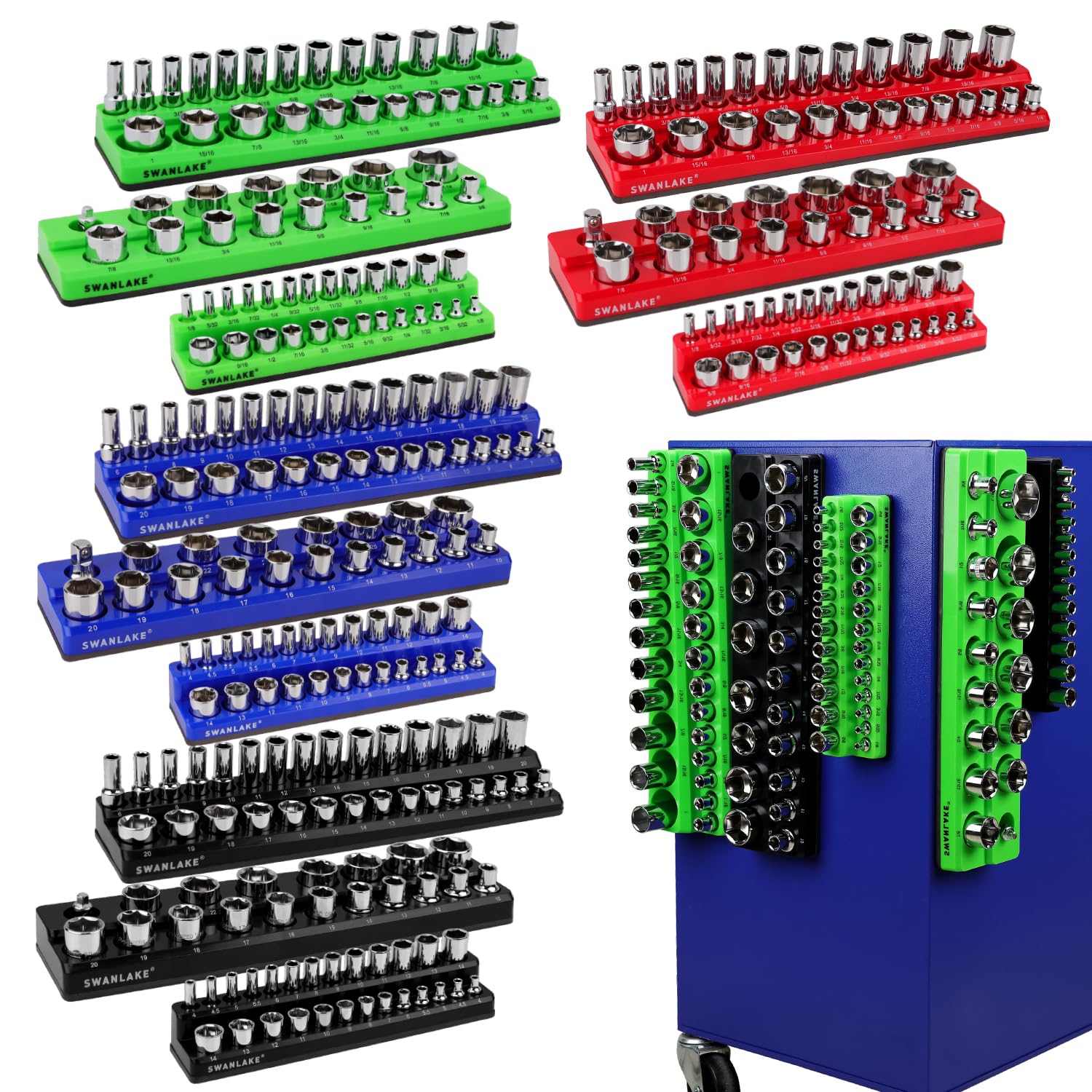 SWANLAKE quarter-inch socket tray keeps sockets aligned for quick access.
