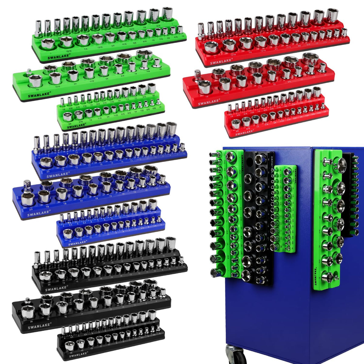 SWANLAKE quarter-inch socket tray keeps sockets aligned for quick access.