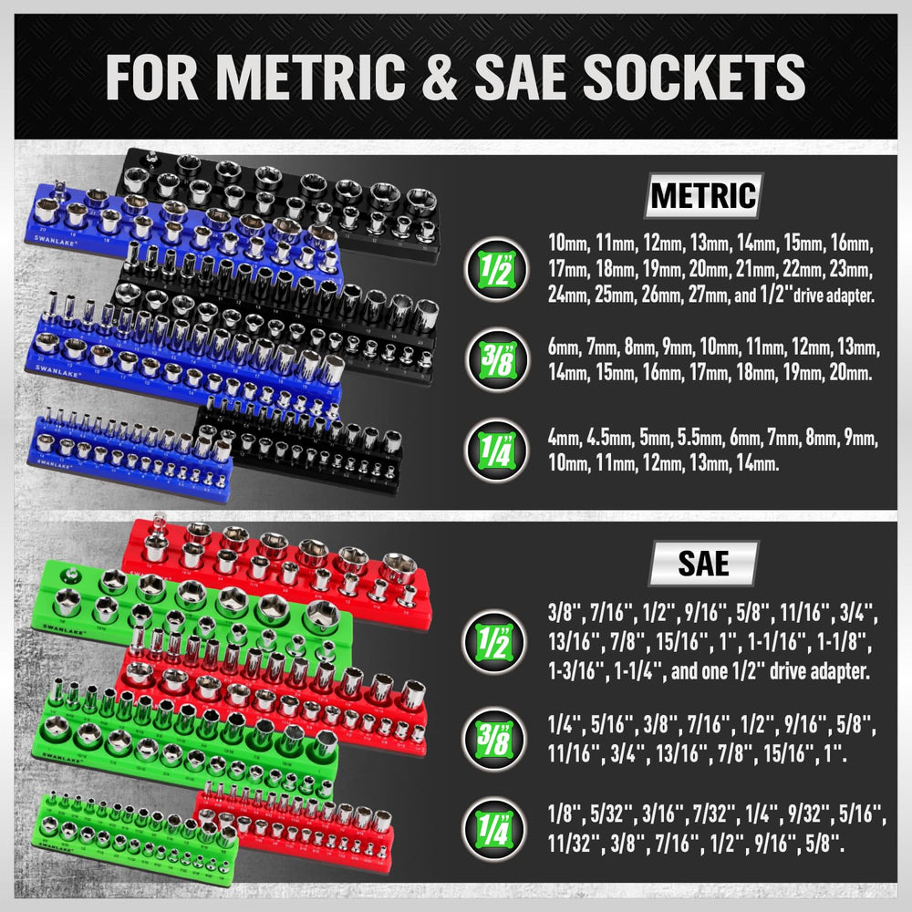 SWANLAKE three-eighths-inch socket organizer holds sockets securely for fast work.