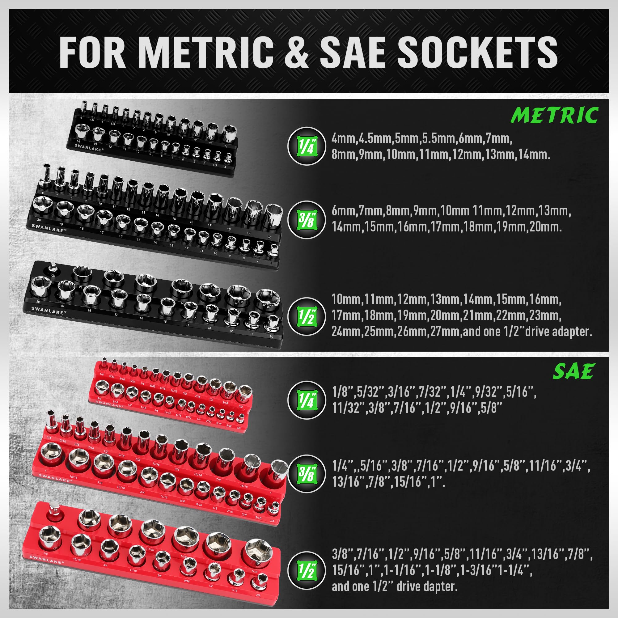 Swanlake SAE magnetic socket organizer tray closeup shows red trays for fast identification.