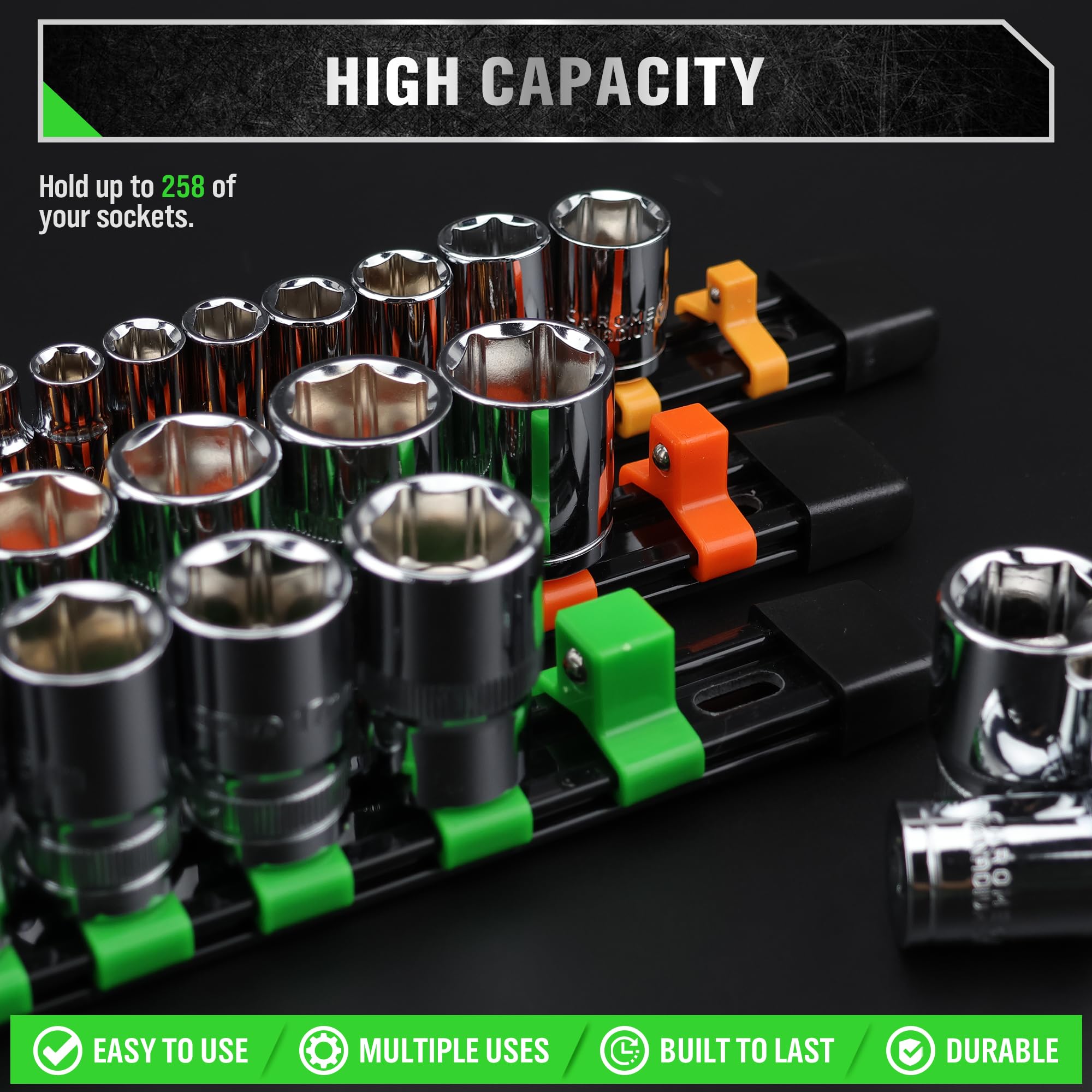SWANLAKE 1/2-inch clip rail stores large sockets securely.
