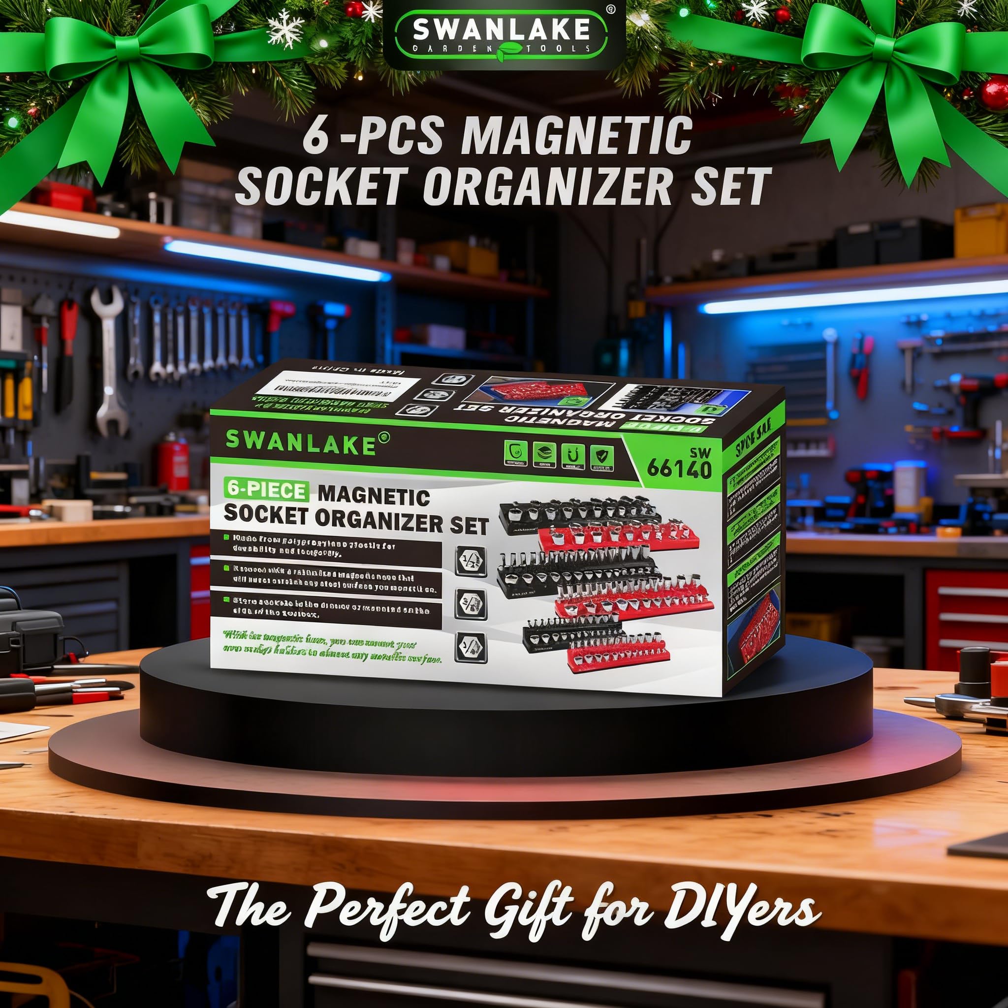 Swanlake socket organizer on workbench reduces clutter during projects.