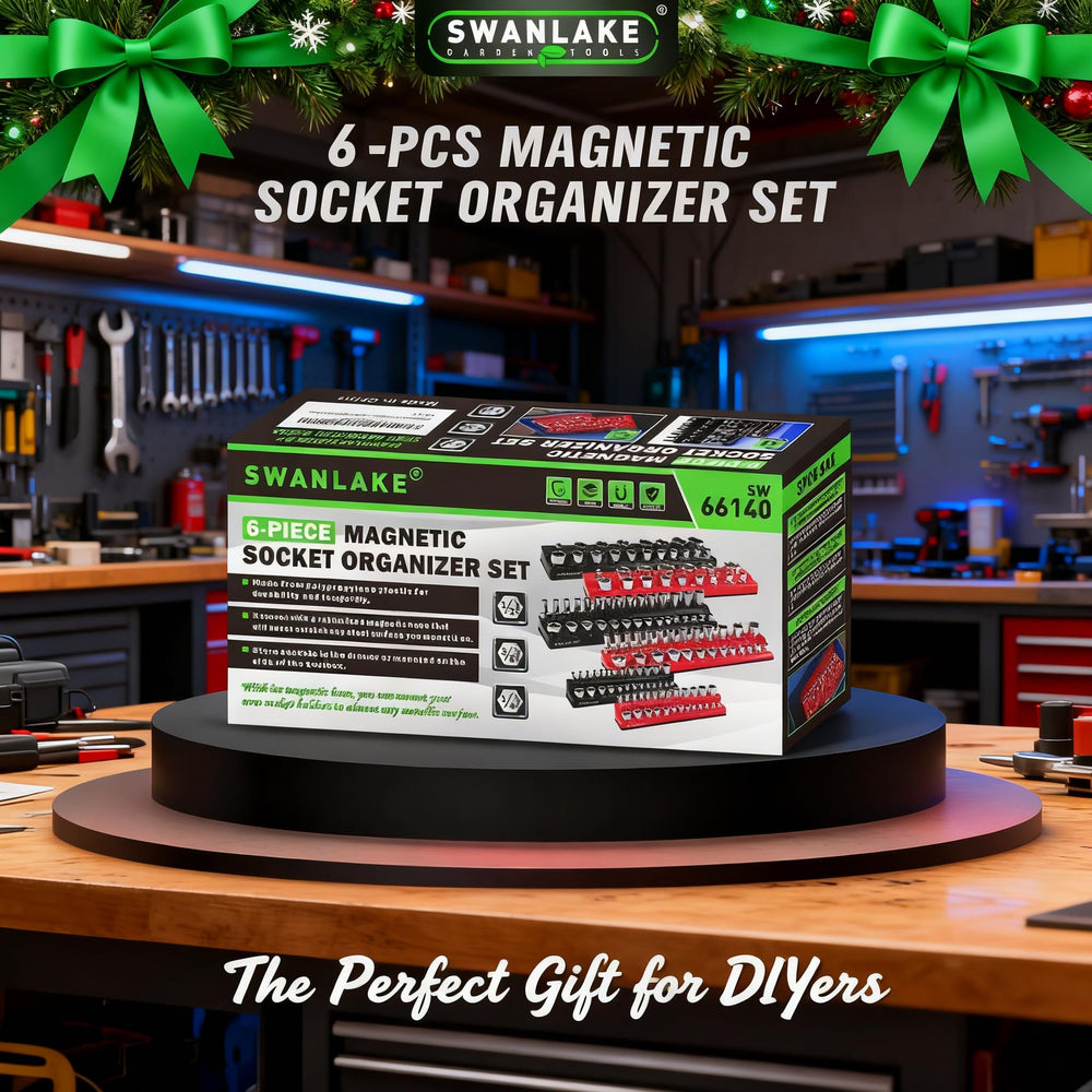 Swanlake socket organizer on workbench reduces clutter during projects.