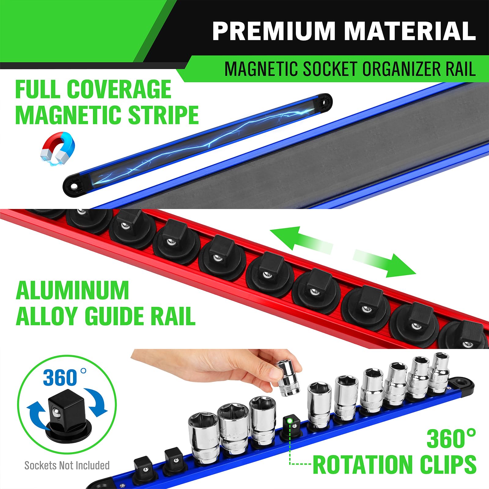 Swanlake socket rail compatible with 1/4, 3/8, and 1/2 inch drives.