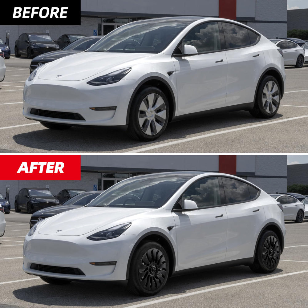 Curb rash protection in action with Sweetglow wheel covers on Model Y.