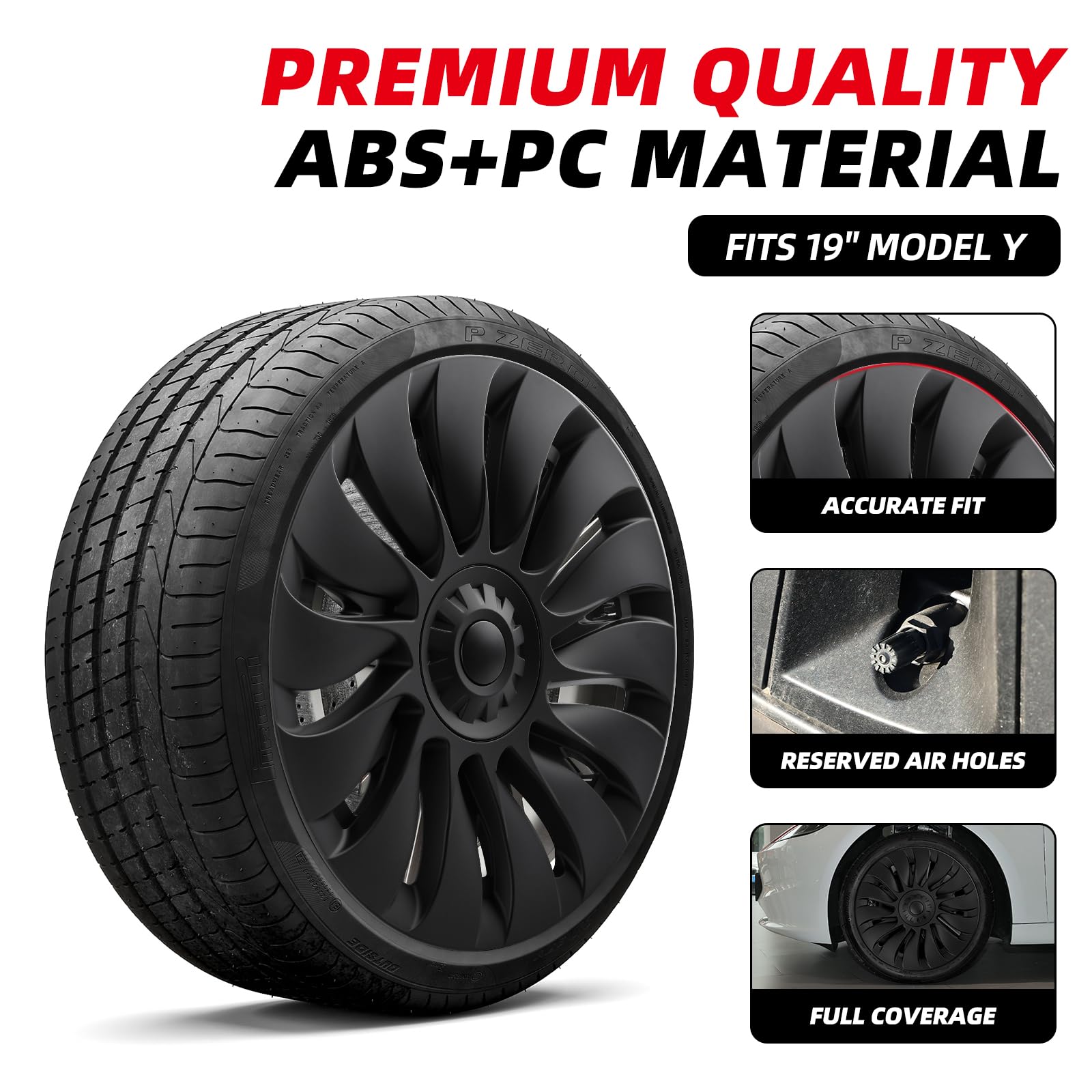 Sweetglow wheel covers installed on a Model Y front wheel for reference.
