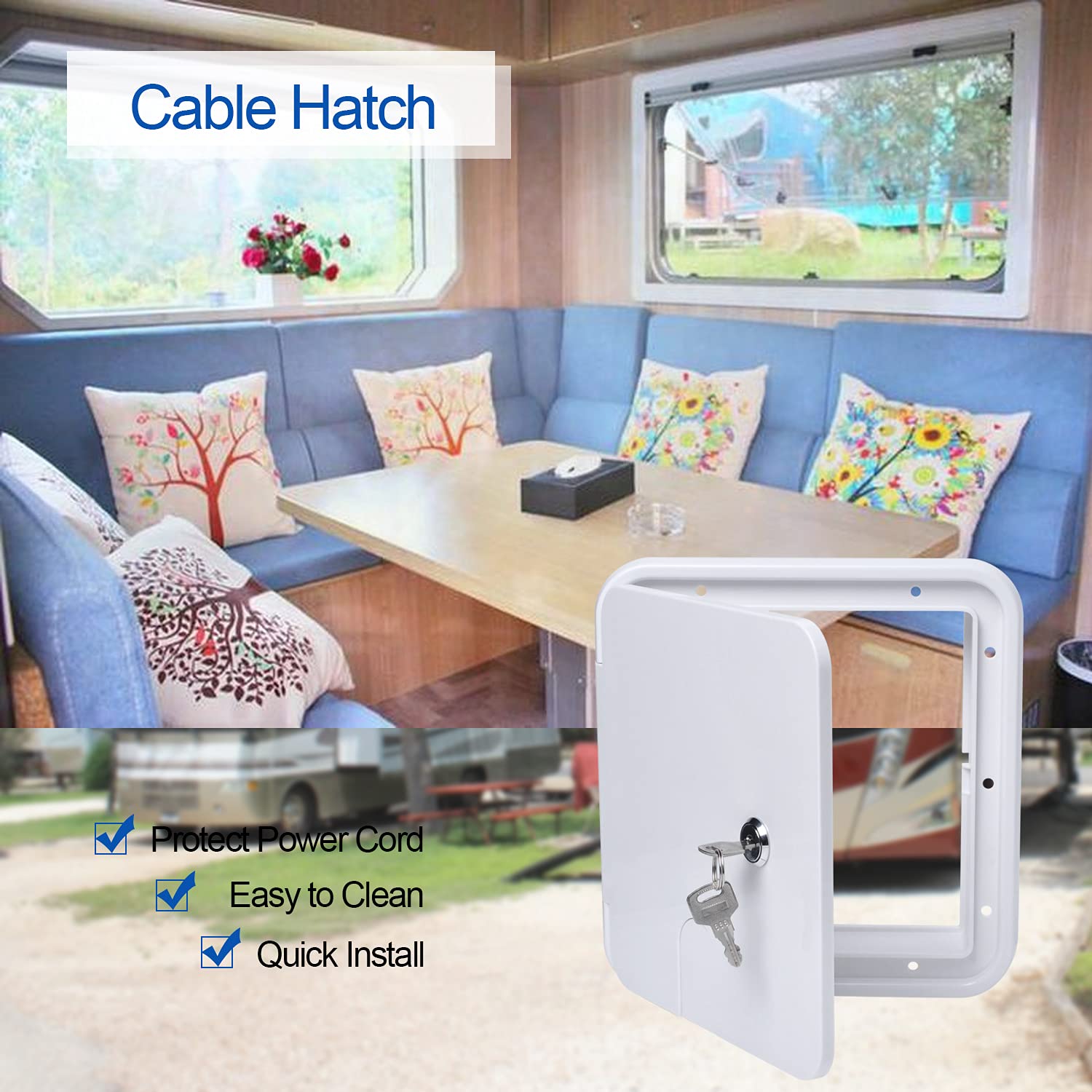 Swess easy-installation RV cord hatch for camper setups.