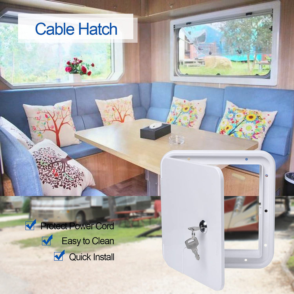 Swess easy-installation RV cord hatch for camper setups.