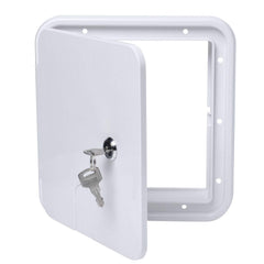 Swess RV cord hatch front view in white for durable weather protection.