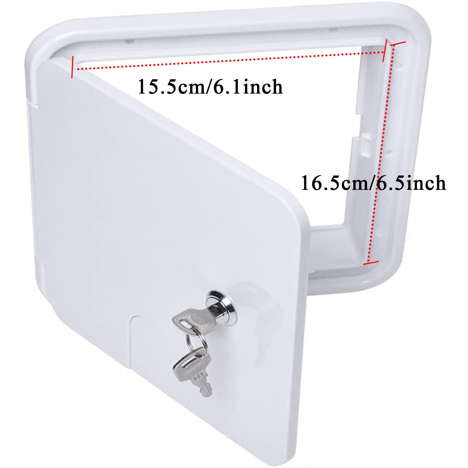 Swess RV cord hatch includes two keys for secure access.