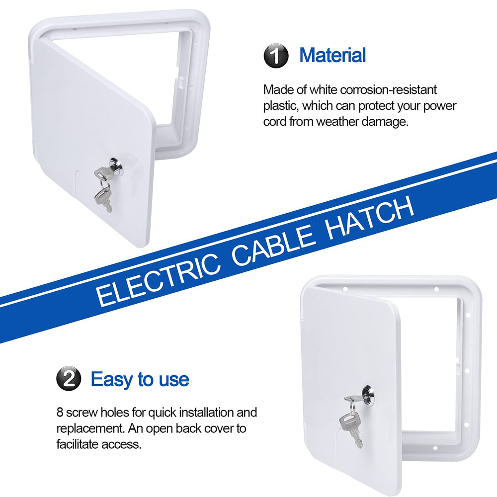 Swess weather-resistant white plastic camper hatch withstands outdoor use.