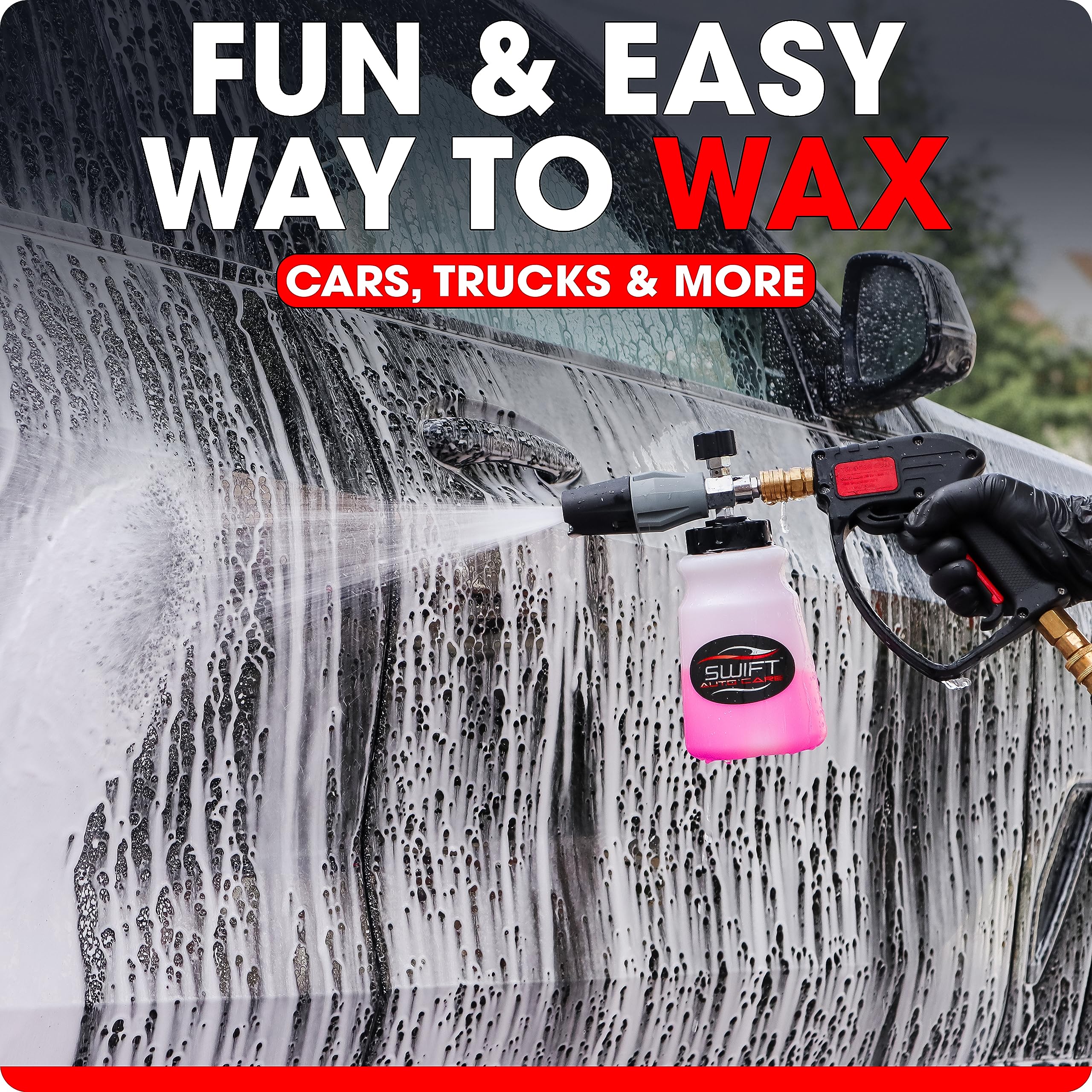 Swift Auto Care foam cannon application image illustrating easy coverage and no rubbing.
