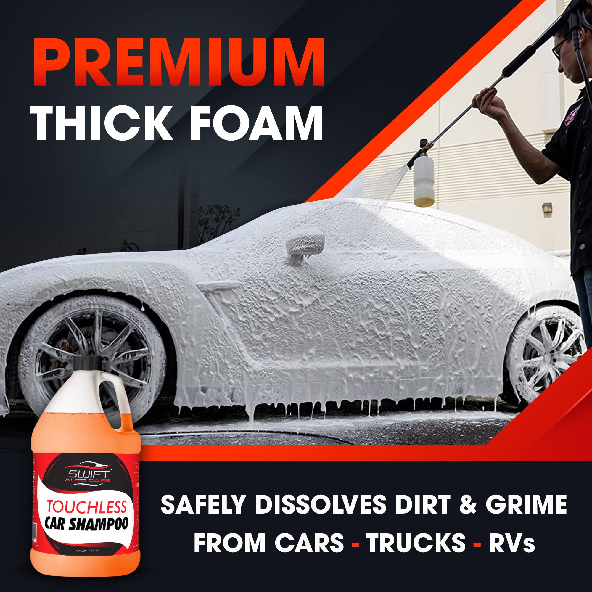 Swift Auto Care Touchless Shampoo thick foam lifts dirt effectively.