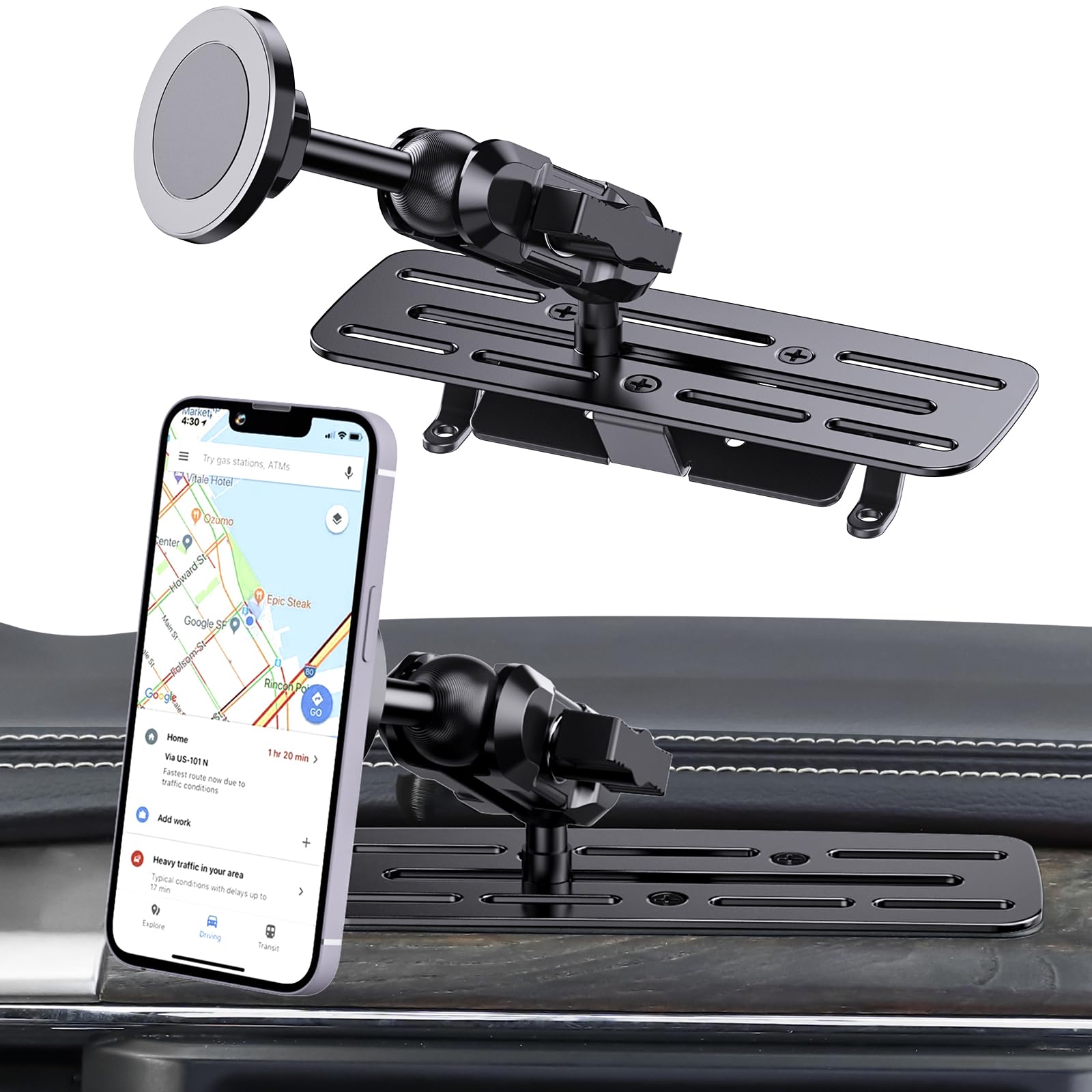 SwiftGaze stainless steel mount front view shows rugged mount for RAM trucks for stable navigation.