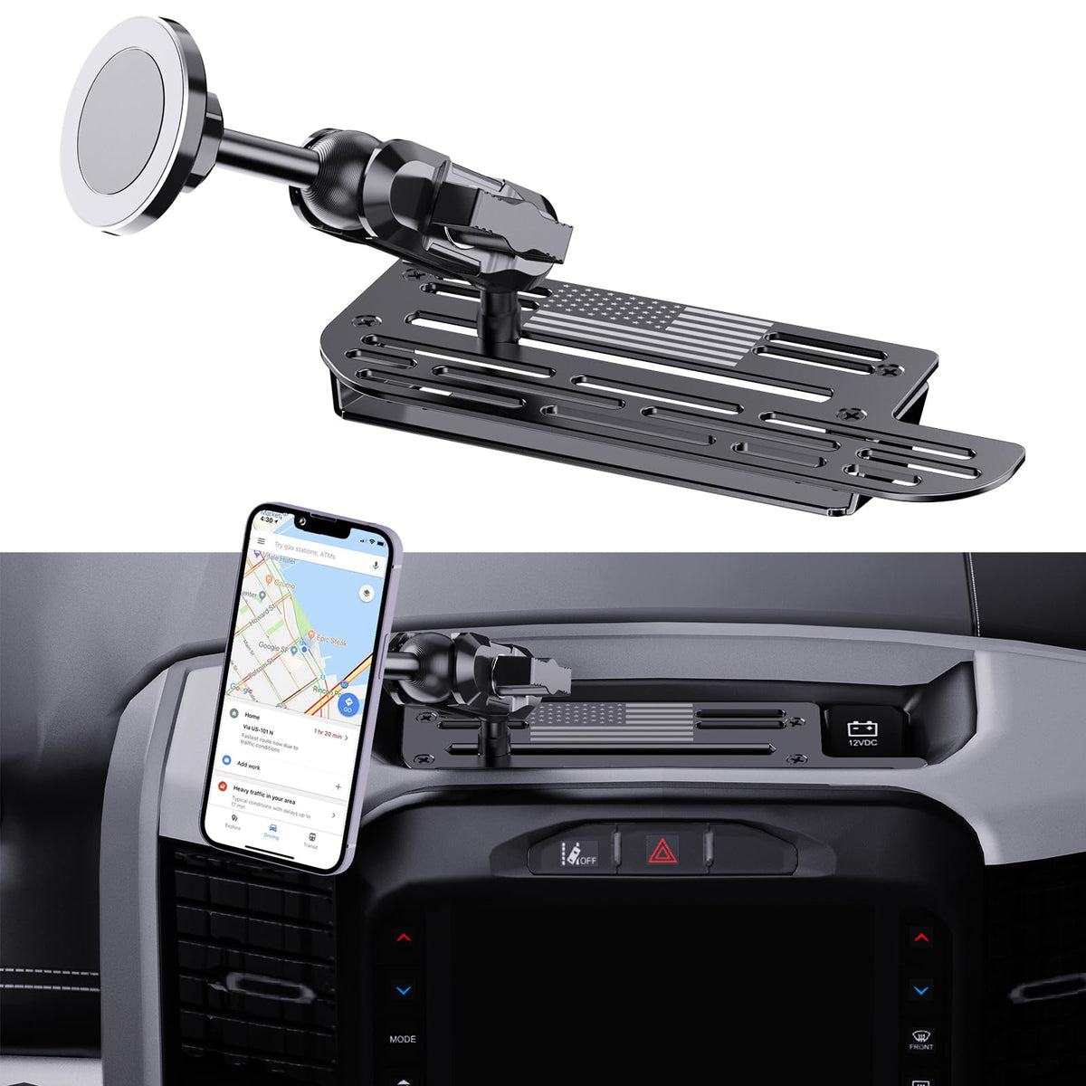 SwiftGaze stainless steel mount with America flag design for Ram dash, stable hands-free use